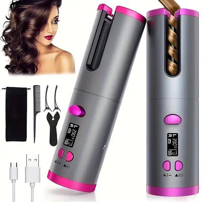 Cordless Automatic Curling Iron - USB Rechargeable Anti-Tangle Ceramic Cylinder Quick Heating 5-Level Temperature Control - Perfect For Long Hair Includes Gift Box