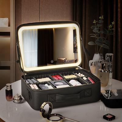 LED Lighted Travel Makeup Bag, Cosmetic Bag Portable Portable Makeup Storage Bag, Adjustable Dividers, Mirror, and Magnifying Lens