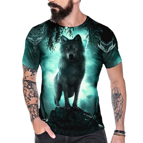 Herren Grafik Wolf T Shirt T-Shirt Kurzarm T-Shirt 3D-Druck Rundhalsausschnitt Hemd Vintage Mode Designer Outdoor Lässig Täglich Blau Dunkelgrün Orange Frühling Sommer Bekleidung S M L XL 2XL 3XL Image