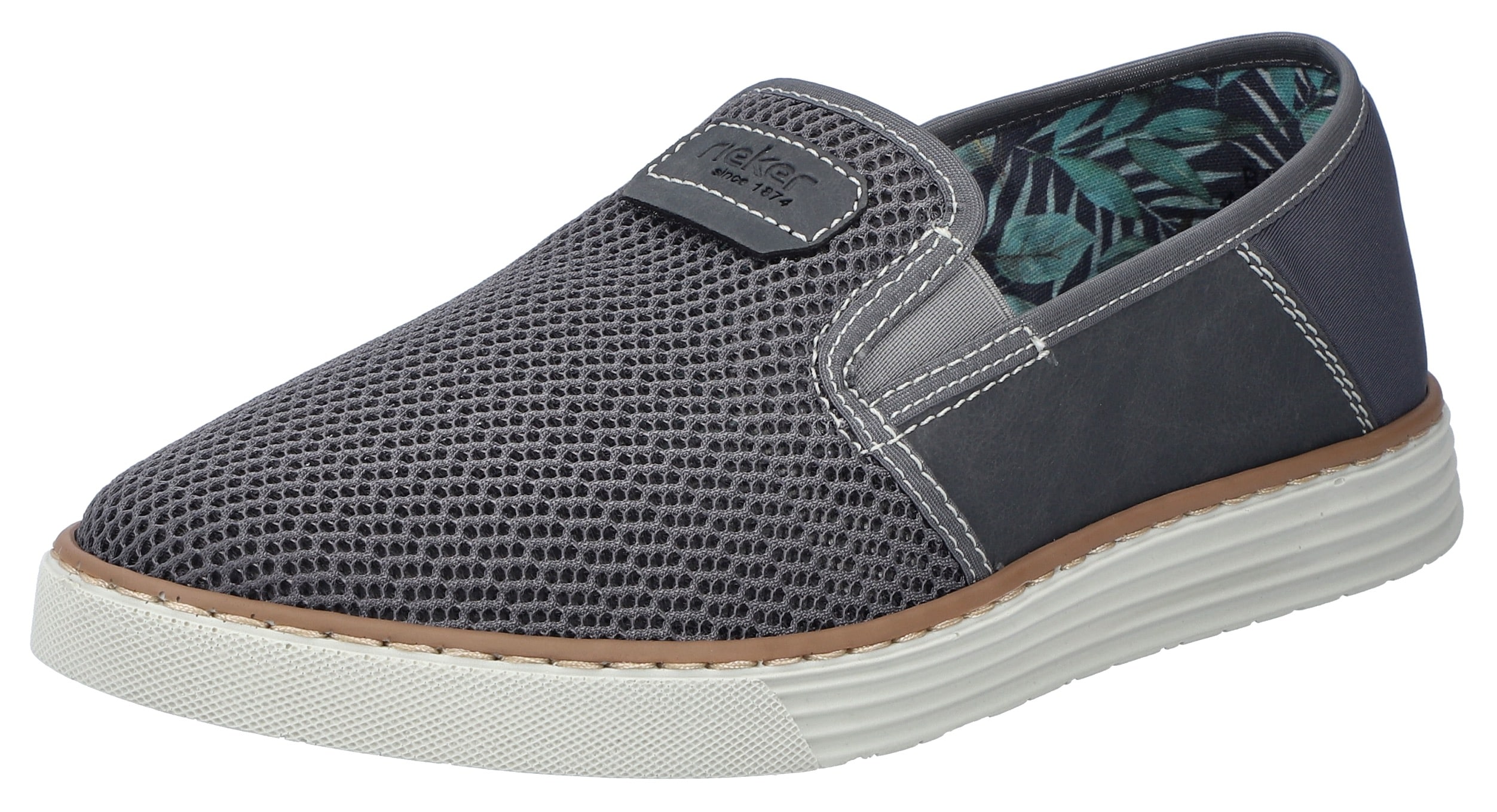 Slipper RIEKER, Herren, Gr. 45, grau (dunkelgrau), Lederimitat, Textil, Sportlich, Schuhe, Espadrilles, Sommerschuh mit kontrastfarbenen Ziernähten