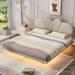 Queen Upholstery LED Floating Bed w/PU Leather Headboard, Wood Platform Bedframe w/Support Legs, Modern Bedroom Furniture, Beige