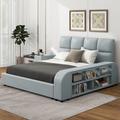 Latitude Run® Queen Size Platform Bed w/ Multimedia Nightstand & Storage Shelves Upholstered/Faux leather in Gray | Wayfair
