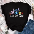 Best Day Ever Stitch and Mickey Printed Tops Kawaii Cartoon T Shirt Women Clothing Summer Black Tee