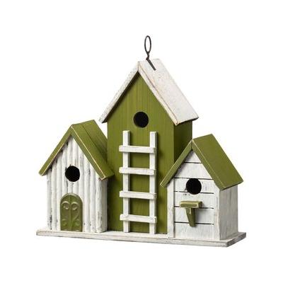 Glitzhome Oversized Washed Distressed Solid Wood 3-Room Villa Decorative Outdoor Garden with 3D Ladder Birdhouse, Green