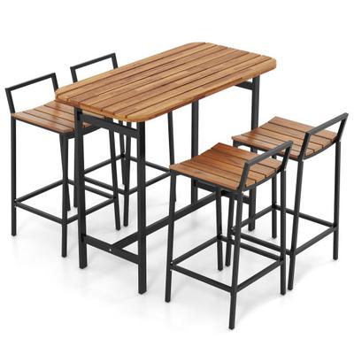 Costway 5 Piece Acacia Wood Bar Table Set Bar Height Table and Chairs with Metal Frame and Footrest