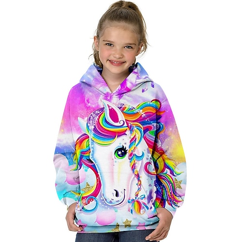 Kinder Mädchen Einhorn rosa Kapuzenpullover und Sweatshirt 3D-Druck Oberteile Langarm Regenbogenherz sportlich errötend rosa Kinderoberteile aktiv süß Image