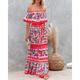 Mexican Dress for Women Off-Shoulder Ruffle Floral Print Summer Party Casual Maxi Dresses Ladies Beach Sundress