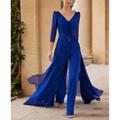 Jumpsuit / Pantsuit Mother of the Bride Dress Formal Wedding Guest blue Elegant Vintage Straight Neckline V Neck Floor Length Chiffon 3/4 Length Sleeve with Ruched Cascading Ruffles 2024