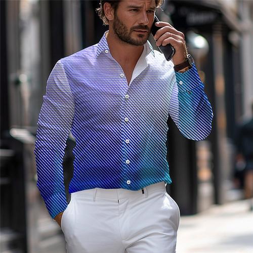 Men's Dress Shirt Printed Shirts Stripe Street Wear to work Blue Purple Long Sleeve Turndown Spring Summer Clothing Apparel Print