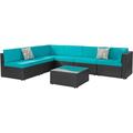 7 Pieces Outdoor Patio Sectional Sofa Couch Black PE Wicker Furniture Conversation Sets with Washable Cushions & Glass Coffee Table for Garden Poolside Backyard (Aegean Blue)