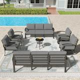 Gotland Aluminum Patio Furniture Set 7 Pieces 10 Seat Metal Outdoor Furniture Conversation Set w/Swivel Chairs Gray