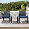 Oakmont 3 Pieces Patio Furniture Set Outdoor Wicker Conversation Set Modern Bistro Set Black Rattan Balcony Chair Sets with Coffee Table for Yard and Bistro(Navy Blue)