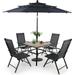 & William Outdoor 6 Pieces Dining Set with 4 Rattan Chairs 1 Wood-Like Metal Table and 1 10ft 3 Tier Auto-tilt Umbrella(No Base) Red Modern Patio Furniture for Poolside Porch Pati