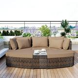6-Piece Outdoor Round Sofa Set with Coffee Table & Ottoman PE Wicker Rattan Sectional Sofa Couch with Thick Cushion & Pillow Patio Conversation Set for Backyard Porch Poolside Brown