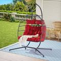 Seetaras 2-Person Hanging Swing Chair with Stand Hanging Egg Chair Foldable Wicker Rattan Patio Basket Porch Chaise Lounge Chair with Cushion and Pillow for Indoor Outdoor Patio Garden