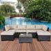 Pieces Outdoor PE Wicker Furniture Set Patio Rattan Sectional Conversation Sofa Set with Navy Blue Cushions and Glass Top Table