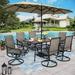 & William Patio Dining Set 8 Pieces Outdoor Metal Furniture Set with 13ft Double-Sided Patio Umbrella Beige 6 x Swivel Patio Dining Chairs 1 Wood Like Umbrella Table for Patio Lawn