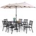 VILLA 5 Piece Outdoor Dining Set with 10ft Umbrella 37 Square Metal Dining Table & 4 Stacking Metal Chair with 3 Tier Beige Umbrella for Patio Deck Yard Porch