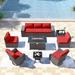 Gotland 10PCS Outdoor PE Rattan Wicker Patio Furniture Set with 43 Fire Pit Table & Swivel Rocking Chairs Set Red