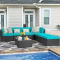 7 Pieces Outdoor Patio Sectional Sofa Couch Black PE Wicker Furniture Conversation Sets with Washable Cushions & Glass Coffee Table for Garden Poolside Backyard (Aegean Blue)