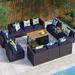 8 Pieces Patio Furniture Set with 45 Plate Embossing Propane Fire Table Outdoor PE Rattan Sectional Sofa Set Patio Gas Fire Pit Conversation Set with Blue Cushions & Glass Table