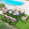 Patio Dining Set for 4 Outdoor Furniture Square Bistro Table with 1.57 Umbrella Hole 4 Spring Motion Chairs with Cushion Beige for Backyard Garden Lawn