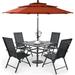 & William Outdoor 6 Pieces Dining Set with 4 Rattan Chairs 1 Metal Table and 1 10ft 3 Tier Auto-tilt Umbrella(No Base) Orange Red Modern Patio Furniture for Poolside Porch Patio