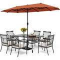 VILLA 5 Piece Outdoor Dining Set with 10ft Umbrella 37 Square Metal Dining Table & 4 Cushioned Metal Chairs & 3-Tier Beige Umbrella for Patio Deck Yard Porch