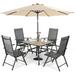 & William Outdoor 6 Pieces Dining Set with 4 Rattan Chairs 1 Wood-Like Metal Table and 1 10ft 3 Tier Auto-tilt Umbrella(No Base) Red Modern Patio Furniture for Poolside Porch Pati