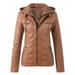 Labakihah Coats For Women Women S Slim Leather Stand Collar Zip Motorcycle Suit Belt Coat Jacket Tops Brown Xxxxxl