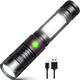 Torch led Flashlight usb Rechargeable Powerful Military cob Lamp Portable Zoomable Torch for Auto Garage Workshop Camping diy (Rechargeable Battery