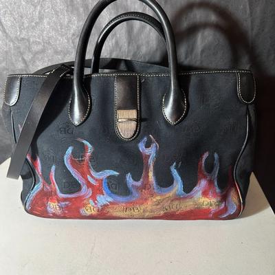 Dooney & Bourke Bags | Dooney & Bourke Black Leather Canvas Satchel Handbag Shoulder Bag Biker Flames | Color: Black/Red | Size: Os