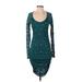 Moda International Cocktail Dress - Bodycon Scoop Neck Long sleeves: Teal Print Dresses - Women's Size Small