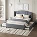 Queen Size Linen Fabric Upholstered Platform Bed w/Wingback Headboard, One Twin Trundle & 2 Drawers, No Box Spring Needed, Gray