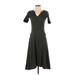 Lauren by Ralph Lauren Casual Dress - Midi V Neck Short sleeves: Gray Stripes Dresses - Women's Size Small