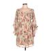 Almost Famous Casual Dress - Mini Boatneck 3/4 sleeves: Tan Floral Dresses - Women's Size Large