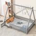 Floor Bed for Kids,Tent-Shaped Teepee Bed Frame with Fence Guardrails,Wood Montessori Floor Bed with Slats and Door