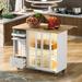 Kitchen Island with Drop Leaf,Light Cart on Wheels with 2 Glass and 1 Flip Cabinet Door,Island Cart with an Shelf and 2 Drawers