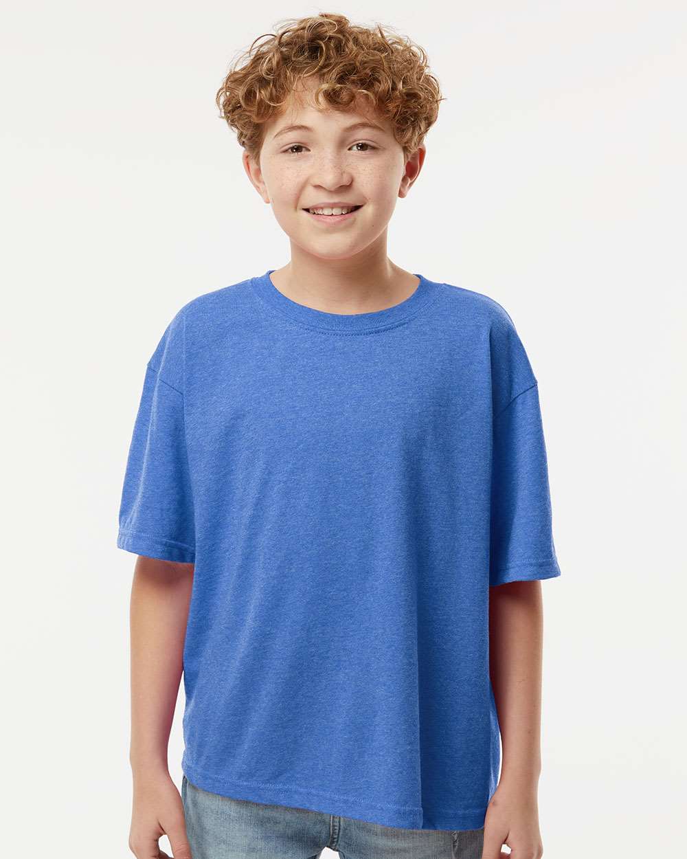 M&O MO4850 Youth Gold Soft Touch T-Shirt in Heather Royal Blue size Small | Cotton 4850