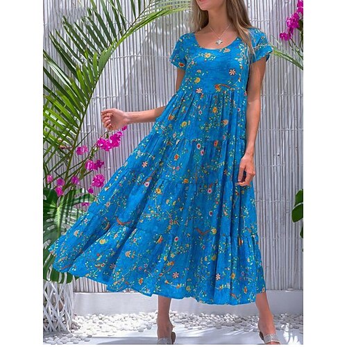 Per donna Taglia EU / US Abito Lungo Maxi Abito Abito Boho Vestito a ruota Abito a Strati Tropicale Boho Casa Ferie Vestibilità regolare Floreale Stampa Floreale Manica Corta Girocollo Blu Vino Verde
