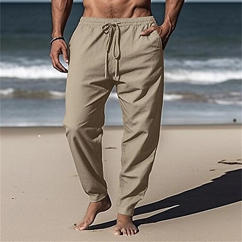 Herren Leinenhose Hose Hosen Sommerhosen Strandhose Tasche Kordelzug Elastische Taille Glatt Komfort Atmungsaktiv Täglich Festtage Urlaub Hawaiianisch Boho Weiß Grün Image