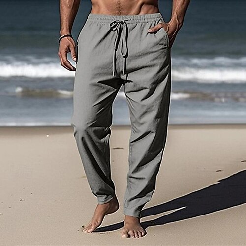 Herren Leinenhose Hose Hosen Sommerhosen Strandhose Tasche Kordelzug Elastische Taille Glatt Komfort Atmungsaktiv Täglich Festtage Urlaub Hawaiianisch Boho Weiß Grün Image