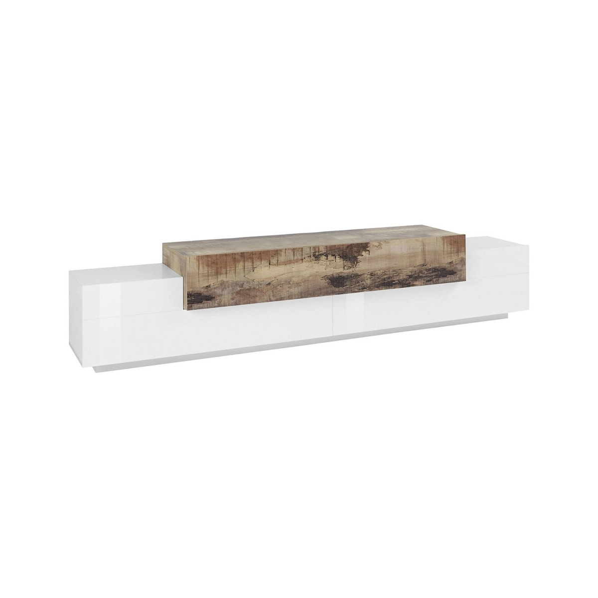 Dmora Fernsehschrank Nico, Niedriges Sideboard für Wohnzimmer, Sockel für TV-Möbel, 100 % Made in Italy, cm 240x45h52, Weiß glänzend und Ahorn Image