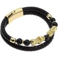 Black Obsidian Pi Xiu PU Leather Double Braided Bracelet 21.5cm Stainless Steel Magnetic Golden Clasp Gifts for Men