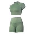 BAODANWUXIAN Workout Outfits Workout Outfit For Women 2 Pieces, Seamless Yoga Leggings, Short Sleeve T-Shirt Top And Shorts Set, Summer Casual Gym Running-Green-S