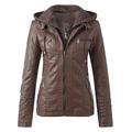 Hooded Faux Leather Jacket Women's Zipper Motorcycle Jacket Biker Jacket Hooded Jacket Transitional Jacket Ladies Outerwear Leather Jacket Autumn Winter Jacket Casual Jacket (Color : Brown, Size : 7