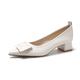 Women's Pointed Toe High Heels Square Buckle Middle Heeled Court Shoes Chunky Heeled Shallow Mouth Shoes Women's Soft Bottom Fashion Shoes White