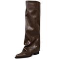 zhsrin Knee High Boots for Women Fold over Knee High Boots Chunky Zipper Pointed Toe High Heels Tall Boots for Women, Brown, 9.5