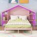 Full Size Platform Bed with House-shaped Storage Headboard, Wooden Bed with Built-in LED, Kid's Bed with Support Legs, Pink