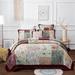 King Velvet Floral Roses Patchwork Cotton Bedspread Set Burgundy